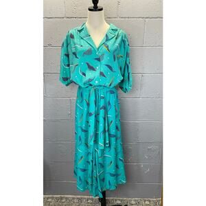 Vintage 1980s Aqua Abstract Novelty Print Skirt Blouse Belt Set 3 PC Large